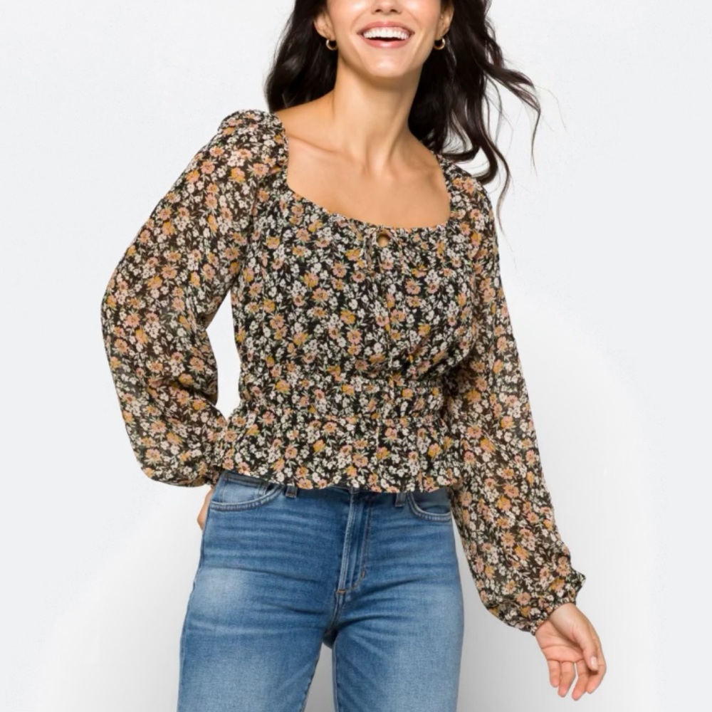 Lush Magnolia Volume-Sleeve Peplum Blouse